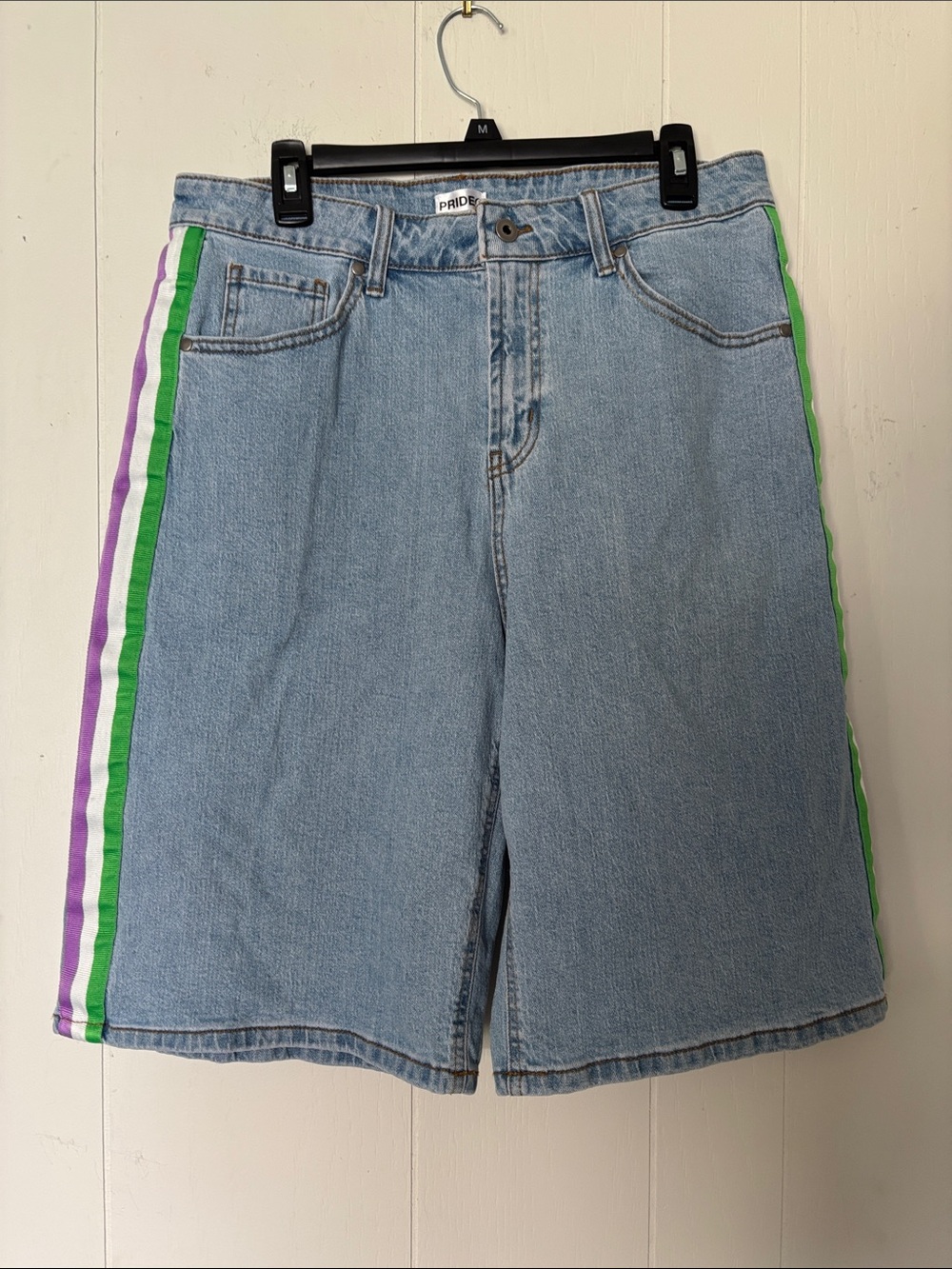 NWOT Pride Light Blue Denim Jean Shorts with Green & Purple Side Stripes